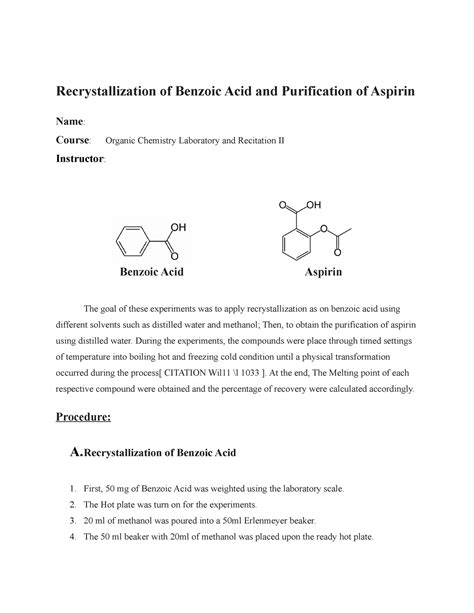 recrystallization lab report benzoic acid